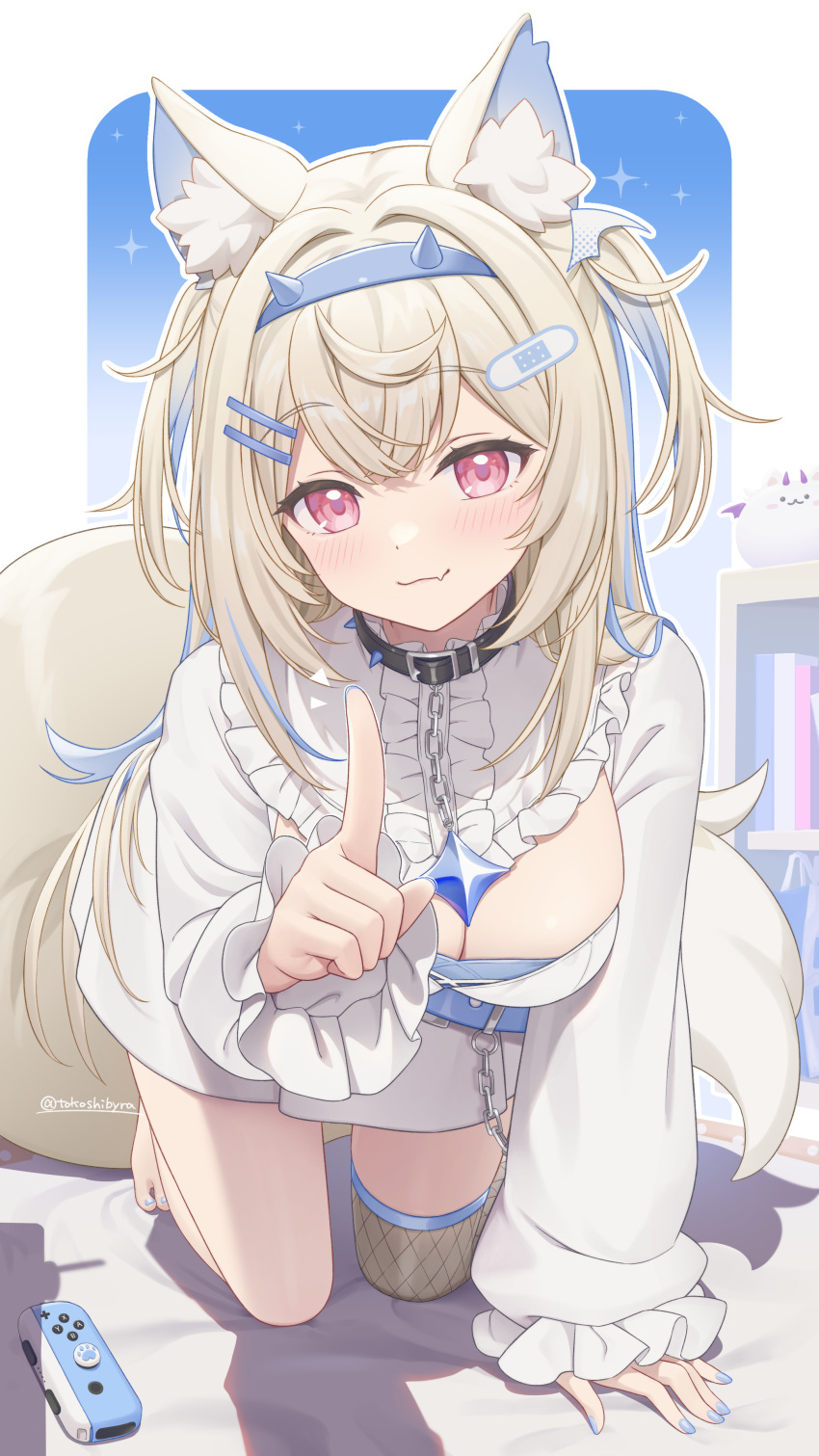 absurdres animal_ear_fluff animal_ears bandaid bandaid_hair_ornament barefoot black_collar blonde_hair blue_hair breasts cleavage collar commentary dog_ears dog_girl dog_tail dress female fishnet_thighhighs fishnets fuwawa_abyssgard fuwawa_abyssgard_(1st_costume) hair_ornament hairpin highres hololive hololive_english joy-con large_breasts long_hair multicolored_hair oerba_yun_fang perroccino_(fuwamoco) pink_eyes pointing pointing_at_viewer single_thighhigh skin_fang smile solo spiked_collar spikes streaked_hair symbol-only_commentary tail thighhighs tokoshibyra two_side_up virtual_youtuber white_dress