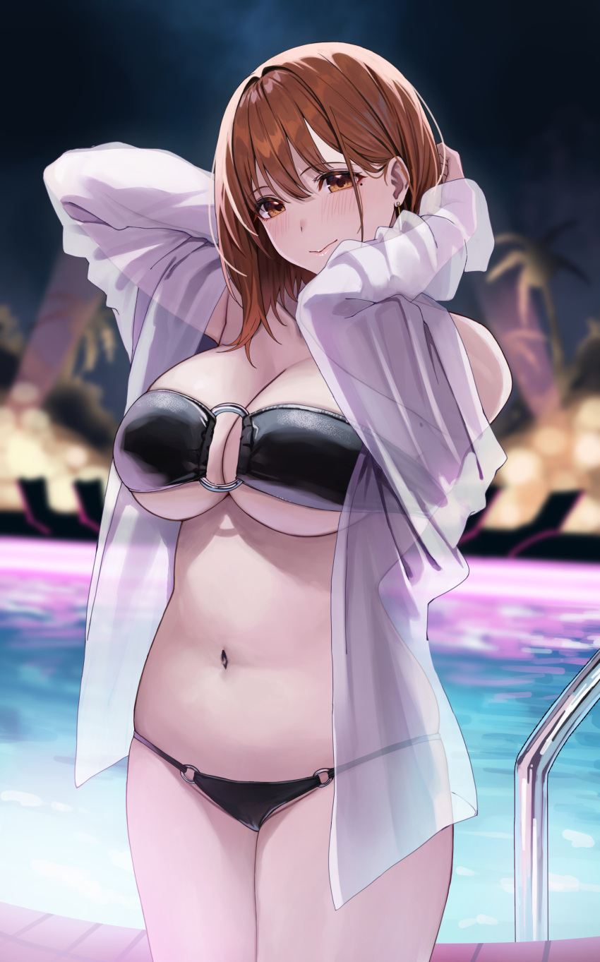 absurdres arms_up bikini black_bikini blurry blurry_background blush breasts brown_eyes brown_hair closed_mouth cowboy_shot earrings female highres jewelry large_breasts long_sleeves looking_at_viewer medium_hair mole mole_under_eye navel night o-ring o-ring_bikini ol-chan_(udon) original pool see-through smile solo stomach swimsuit thighs udon_(udonalium) underboob water