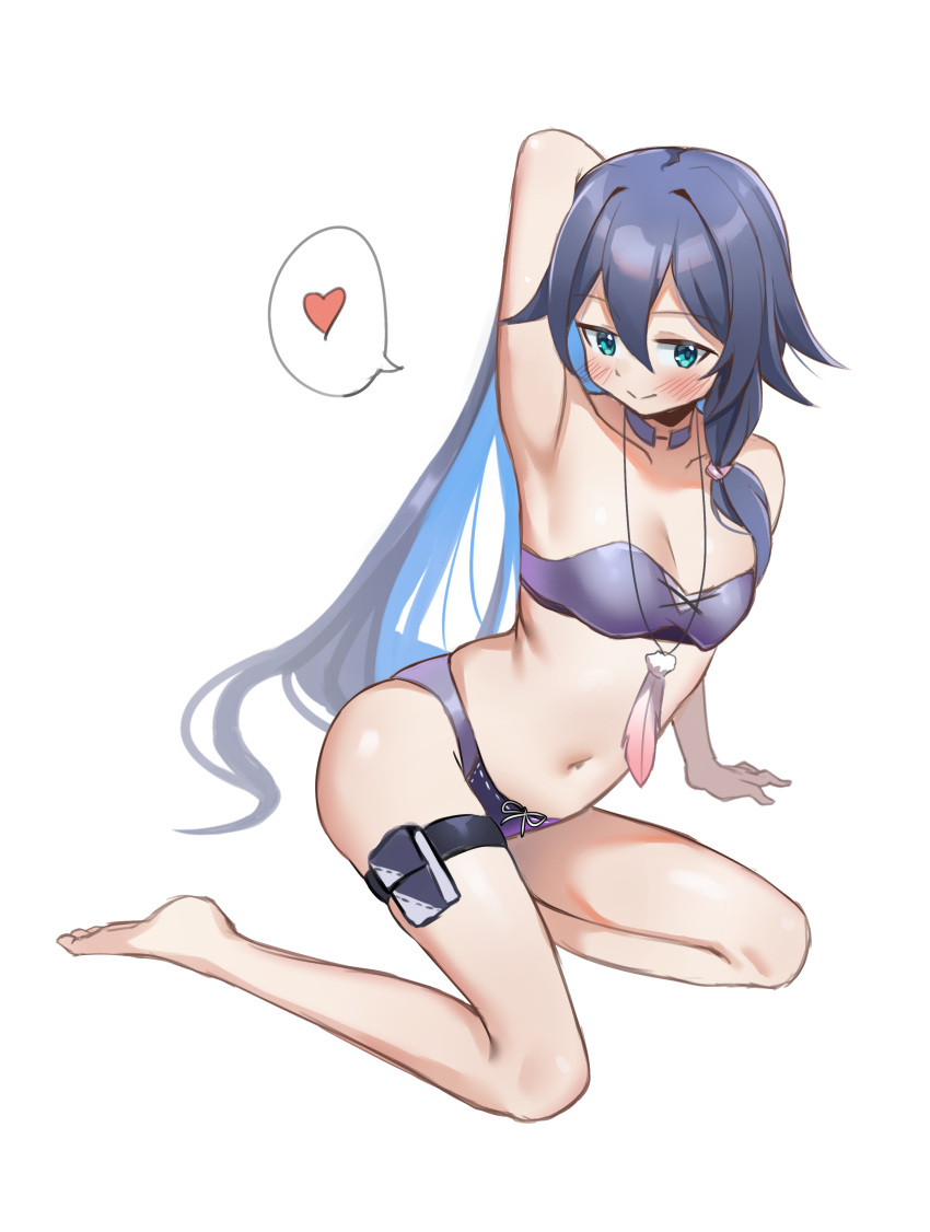 absurdres armpits bare_shoulders barefoot bbk_(bbkbebek7) bikini bikini_briefs blue_eyes blush breasts choker cleavage female hair_between_eyes heart highres honkai_(series) honkai_impact_3rd long_hair male_swimwear male_underwear medium_breasts navel simple_background solo spoken_heart stomach swim_briefs swimsuit thigh_strap underwear very_long_hair white_background