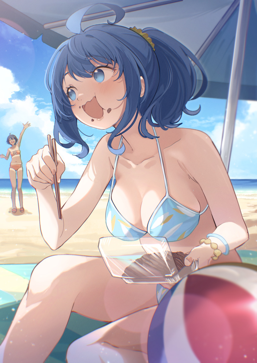 2girls :d absurdres ahoge arm_up ball beachball bikini black_hair blue_bikini blue_eyes blue_hair blue_sky breasts cleavage cloud collarbone commentary_request day eat_some_cookie food food_on_face highres large_breasts make_heroine_ga_oo_sugiru! medium_breasts multiple_girls navel ocean open_mouth orange_bikini outdoors parasol ponytail short_hair sitting sky smile standing stomach summer swimsuit tan tanlines umbrella yakishio_remon yanami_anna