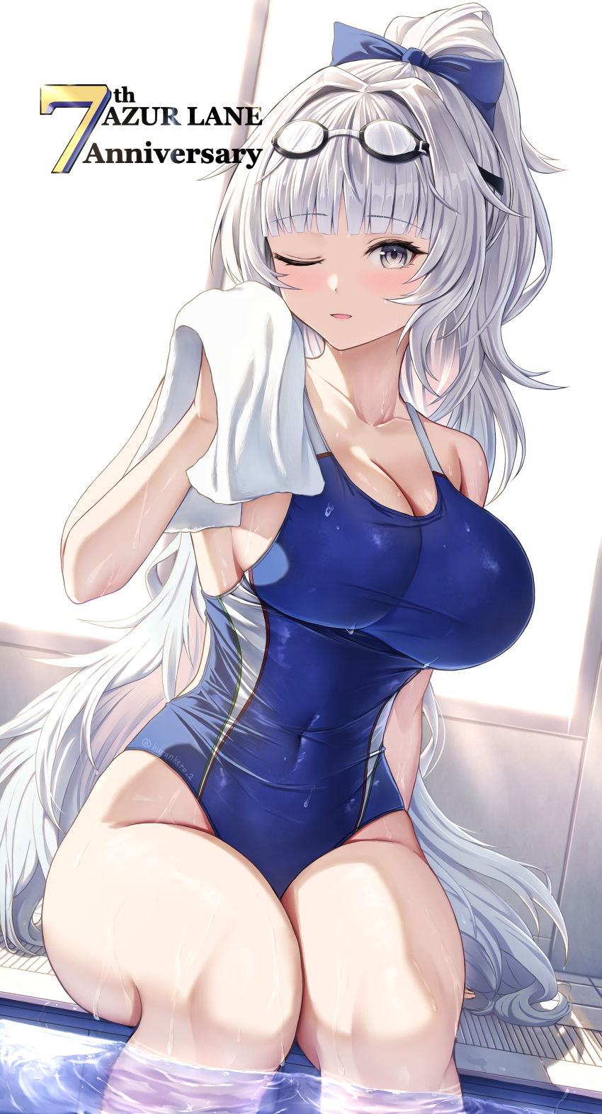 absurdres alternate_costume anniversary azur_lane blue_bow blue_one-piece_swimsuit bow breasts buran_(22x) cleavage commentary_request competition_swimsuit covered_navel english_text female goggles goggles_on_head hairbow high_ponytail highres holding holding_towel indoors large_breasts long_hair looking_at_viewer one-piece_swimsuit one_eye_closed pool poolside sitting solo swimsuit towel very_long_hair vittorio_veneto_(azur_lane) wading white_eyes white_hair white_towel