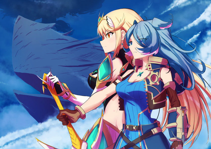 2girls absurdres bare_shoulders belt blonde_hair blue_eyes blue_hair blue_jacket blue_shirt blue_sky breasts brown_gloves chest_jewel cleavage closed_mouth cloud cloudy_sky core_crystal_(xenoblade) cosplay dress elbow_gloves elira_pendora gloves highres holding holding_sword holding_weapon jacket large_breasts long_hair multiple_girls mythra_(xenoblade) nijisanji nijisanji_en outdoors rex_(xenoblade) rex_(xenoblade)_(cosplay) shirt sky sleeveless sleeveless_jacket sleeveless_shirt swept_bangs sword tsukinaga upper_body very_long_hair virtual_youtuber weapon white_dress white_gloves xenoblade_chronicles_(series) xenoblade_chronicles_2 yellow_eyes