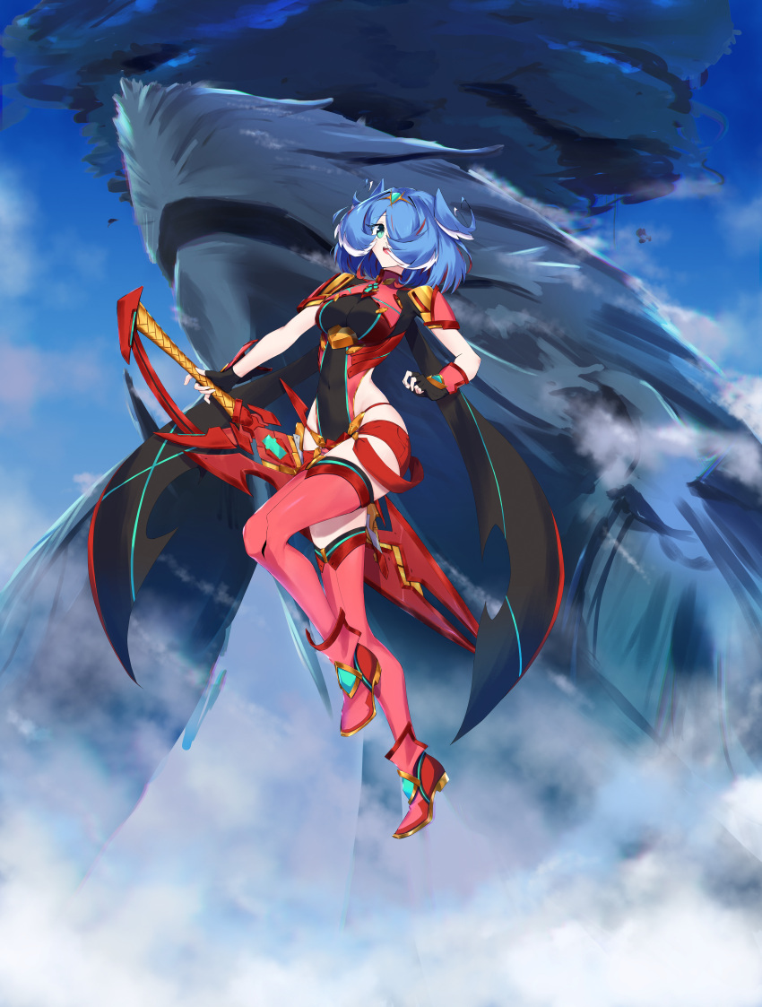 :d absurdres black_gloves blue_hair blue_sky bodysuit boots circlet cloud cloudy_sky cosplay elira_pendora female fingerless_gloves full_body gloves green_eyes hair_over_one_eye highres holding holding_sword holding_weapon looking_at_viewer medium_hair nijisanji nijisanji_en open_mouth outdoors pyra_(xenoblade) pyra_(xenoblade)_(cosplay) red_footwear red_shorts shorts sky smile sword thigh_boots tsukinaga virtual_youtuber weapon xenoblade_chronicles_(series) xenoblade_chronicles_2