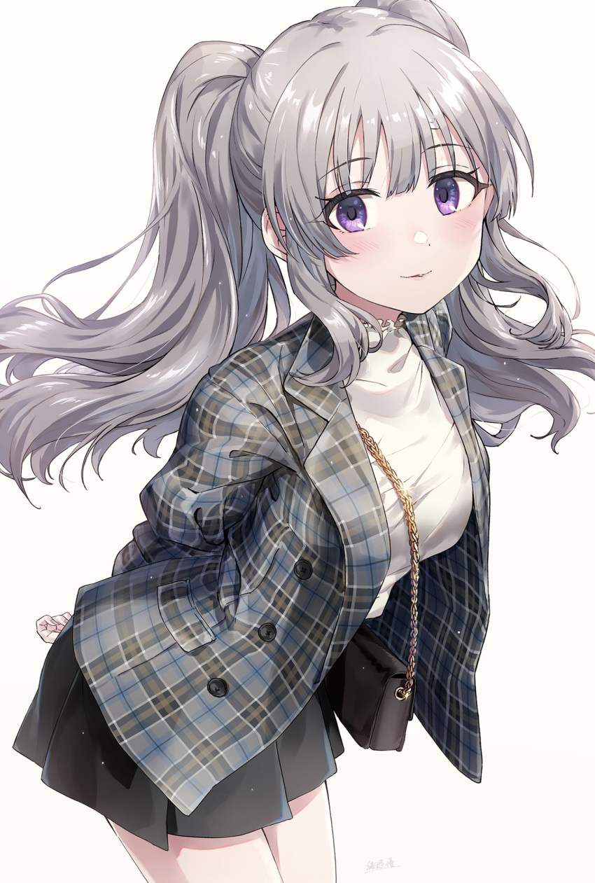 arms_behind_back artist_name ayano_yuu_(sonma_1426) bag bandaid bandaid_on_face bandaid_on_forehead beige_background black_skirt blush breasts buttons closed_mouth commentary_request cowboy_shot female floating_hair frilled_shirt_collar frills glint grey_hair grey_jacket highres idolmaster idolmaster_shiny_colors jacket leaning_forward light_particles long_hair long_sleeves looking_at_viewer medium_breasts miniskirt open_clothes open_jacket plaid plaid_jacket pleated_skirt purple_eyes shirt shoulder_bag sidelocks simple_background skirt smile solo standing twintails white_shirt yukoku_kiriko