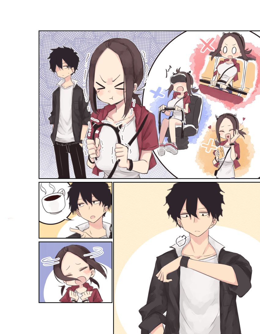 >_< 1boy :t absurdres black_hair black_jacket blush breasts brown_eyes brown_hair checking_watch closed_mouth coffee coffee_mug cup d: female hairband_removed highres holding huge_breasts jacket mug open_clothes open_jacket open_mouth original ponytail pout red_jacket rucchiifu sanpaku shirt spoken_food thinking white_shirt