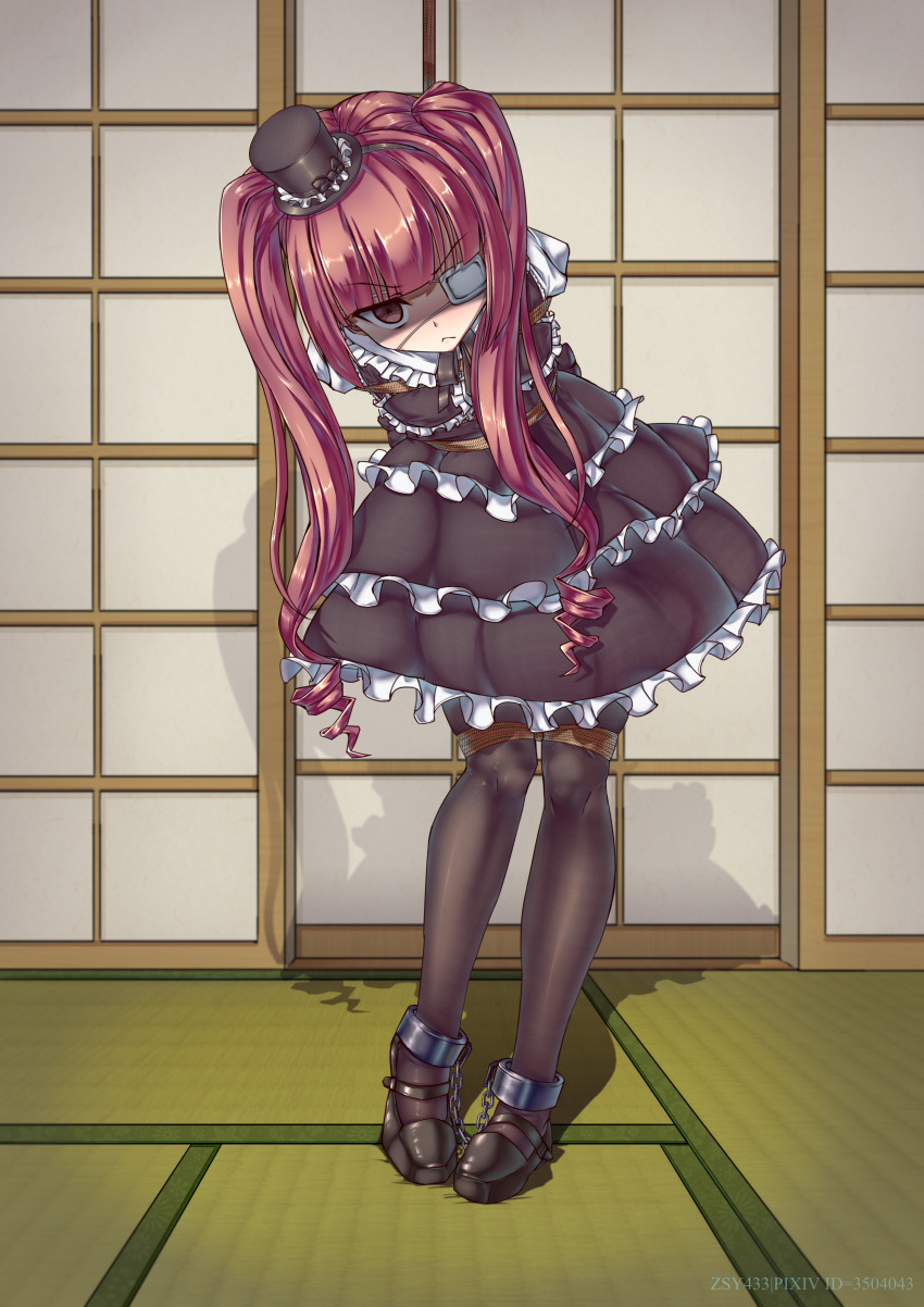 :< absurdres angry arms_behind_back bent_over black_dress black_footwear black_pantyhose blush bondage bondage bound bound_ankles bound_legs chains chinese_commentary commentary_request cuffs dress empty_eyes eyepatch female frilled_dress frills frown gothic_lolita hairband hanazono_yurine hat highres indoors jashin-chan_dropkick lolita_fashion long_hair looking_at_viewer medical_eyepatch mini_hat mini_top_hat pantyhose pixiv_id pixiv_username red_eyes red_hair restrained rope shackles shaded_face shadow sliding_doors solo standing tatami top_hat twintails variant_set very_long_hair zsy_(zsy433)