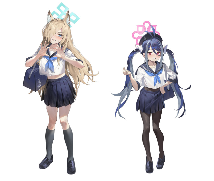 2girls 4-fingers_heart_hands absurdres alternate_costume animal_ear_fluff animal_ears antenna_hair asymmetrical_bangs bad_id bad_pixiv_id bag black_footwear black_socks blonde_hair blue_archive blue_hair blue_halo blue_neckerchief blue_skirt blush cropped_shirt dark_blue_hair dog_ears dog_girl fubuki_(blue_archive) full_body hair_intakes hair_over_one_eye halo heart heart_hands highres kanna_(blue_archive) ktr_(tpun2553) long_hair looking_back midriff multiple_girls neckerchief one_eye_covered pantyhose pleated_skirt red_eyes school_bag school_uniform serafuku simple_background skirt socks straight_hair sweatdrop twintails very_long_hair white_background