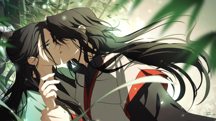 2boys aqua_eyes black_hair chinese_clothes day facial_mark forehead_mark hair_ribbon hand_up holding_own_arm kissing korean_commentary lem_tea long_hair luo_binghe male_focus multiple_boys outdoors renzha_fanpai_zijiu_xitong ribbon shen_qingqiu standing very_long_hair yaoi