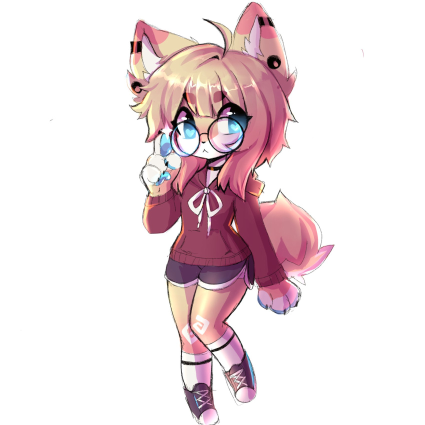 anakoluth animal_ears aska_(anakoluth) black_footwear black_shorts blonde_hair blue_eyes chibi dog_ears dog_girl dog_tail female full_body furry furry_female glasses heart heart-shaped_pupils highres hood hoodie looking_at_viewer original red_hoodie round_eyewear shoes short_hair shorts sneakers socks solo symbol-shaped_pupils tail white_socks