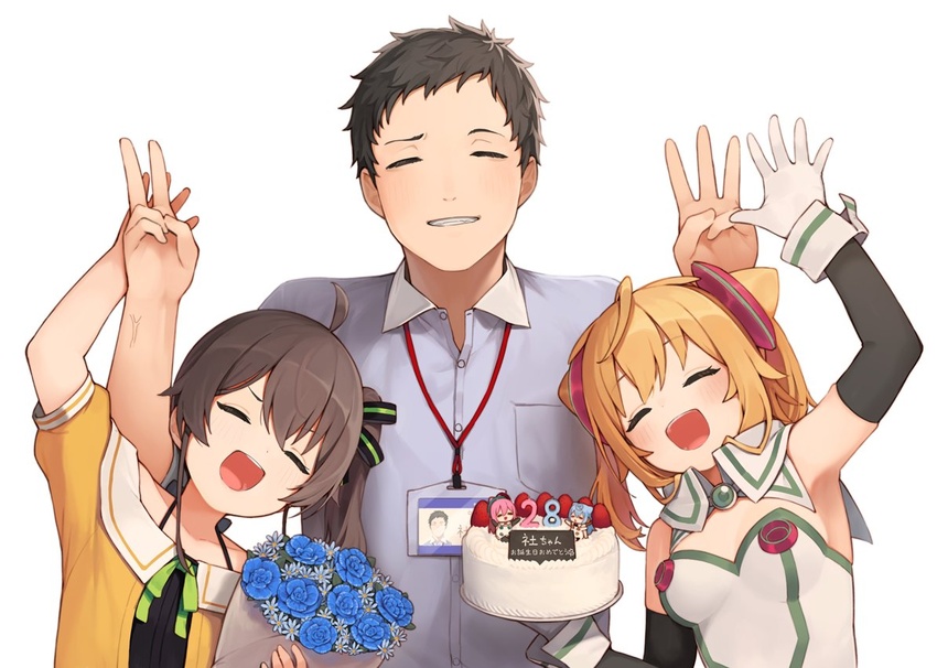 1boy 2girls :d ahoge arm_up bare_shoulders black_camisole black_hair black_sleeves blonde_hair blue_flower blue_shirt blush bouquet bow breasts brown_hair cake camisole closed_eyes collared_shirt commentary_request crossover detached_sleeves dress dress_shirt facing_viewer flower food gloves green_bow grin hacka_doll hacka_doll_1 hacka_doll_2 hacka_doll_3 hair_ornament hands_up holding holding_food hololive jacket lanyard long_hair long_sleeves medium_breasts multiple_crossover multiple_girls natsuiro_matsuri natsuiro_matsuri_(1st_costume) nijisanji off-shoulder_jacket off_shoulder open_mouth parted_lips seramikku shirt side_ponytail simple_background smile strapless strapless_dress twintails v virtual_youtuber w white_background white_dress white_gloves yashiro_kizuku yashiro_kizuku_(1st_costume) yellow_jacket