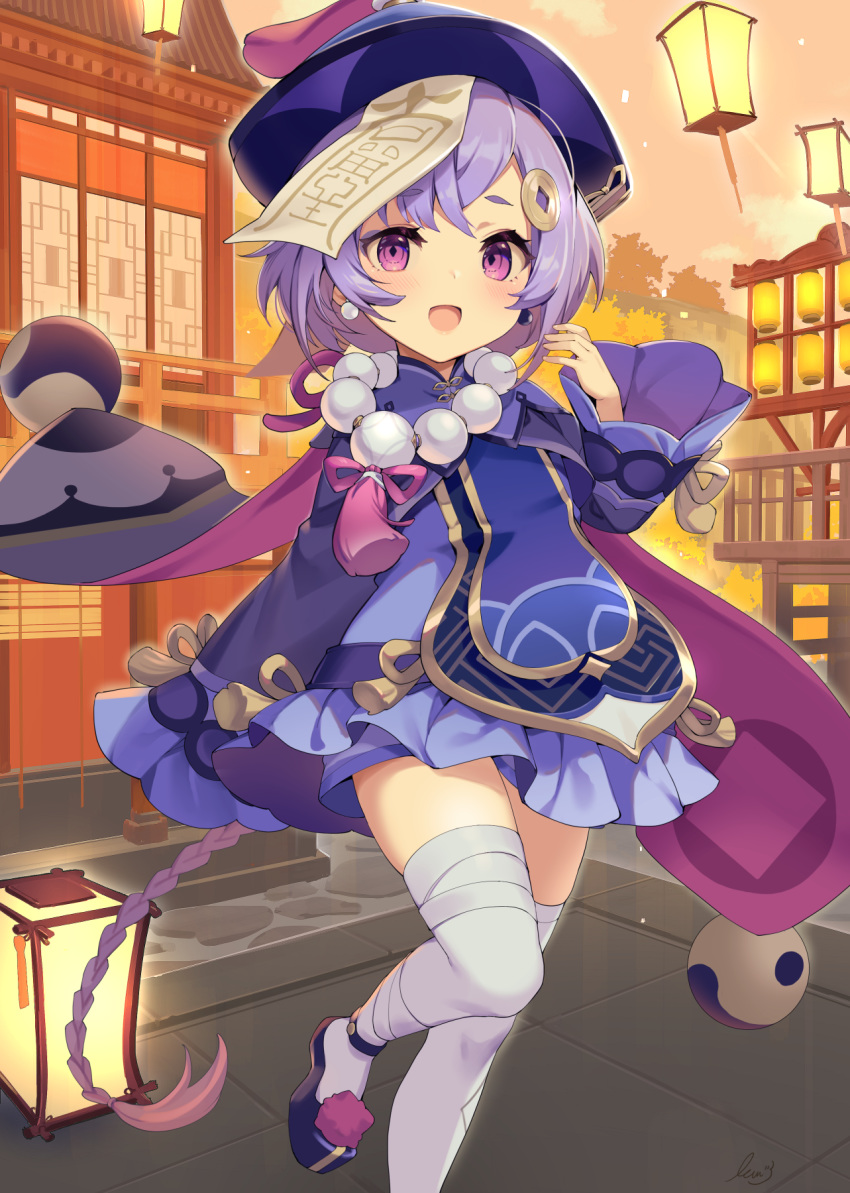 banned_artist blue_headwear commentary_request female genshin_impact hair_ornament hand_up hat highres icomochi long_sleeves looking_at_viewer ofuda open_mouth outdoors purple_hair qing_guanmao qiqi short_hair sleeves_past_fingers sleeves_past_wrists solo thighhighs white_legwear