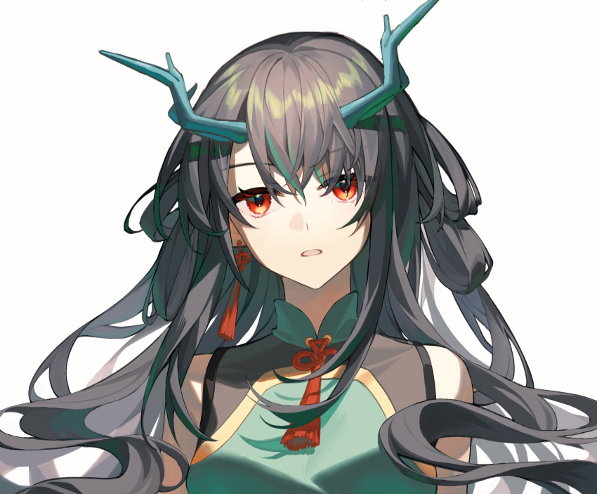 arknights bare_shoulders black_hair breasts chinese_commentary commentary_request covered_collarbone dragon_horns dress dusk_(arknights) dusk_(everything_is_a_miracle)_(arknights) earrings female green_dress hair_rings highres horns idass_(idass16) jewelry long_hair looking_at_viewer medium_breasts official_alternate_costume open_mouth partial_commentary red_eyes simple_background sleeveless sleeveless_dress solo tassel tassel_earrings very_long_hair white_background