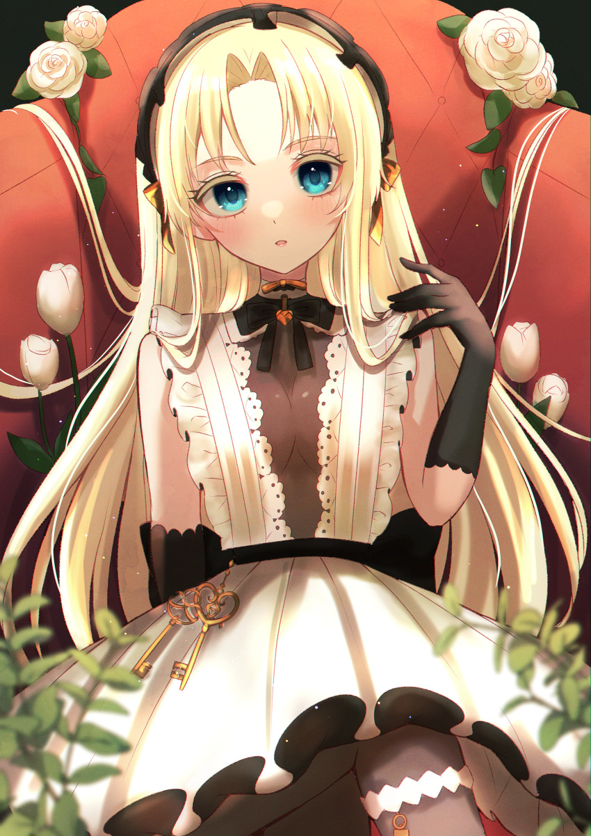 absurdres aged_down azur_lane black_bow black_gloves blonde_hair blue_eyes bow breasts colored_eyelashes dress female flower frilled_dress frills gloves highres junineu key long_hair looking_at_viewer official_alternate_costume rose see-through see-through_dress sleeveless sleeveless_dress small_breasts solo vanguard_(azur_lane) vanguard_(half-hearted_masquerade)_(azur_lane) white_dress white_flower white_rose