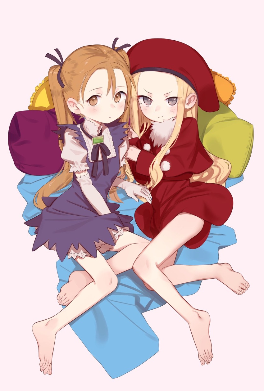 >:) 2girls aliese_martini bad_id bad_twitter_id barefoot belfraw_martini beret black_ribbon blonde_hair blue_dress blush brown_background brown_eyes brown_hair capelet closed_mouth commentary_request dress elbow_gloves feet forehead gloves grey_eyes hair_ribbon hat highres inactive_account long_hair long_sleeves multiple_girls parted_bangs parted_lips pillow puffy_short_sleeves puffy_sleeves red_capelet red_dress red_headwear ribbon shamonabe shirt short_sleeves siblings simple_background sisters sleeveless sleeveless_dress smile summon_night summon_night_3 twintails v-shaped_eyebrows very_long_hair white_gloves white_shirt