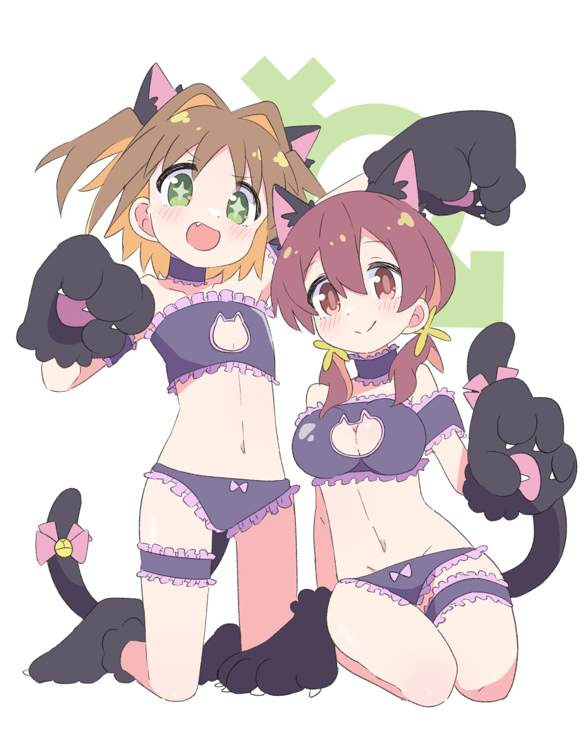 +_+ 2girls :d absurdres animal_ears animal_hands arm_up bare_shoulders blonde_hair bra breasts bridal_garter brown_eyes brown_hair cat_cutout cat_ears cat_lingerie cat_tail choker cleavage cleavage_cutout closed_mouth clothing_cutout colored_inner_hair commentary cosplay flat_chest frilled_bra frilled_choker frilled_panties frills full_body gloves green_eyes hair_between_eyes hair_intakes highres kneeling light_blush long_hair looking_at_viewer male-female_symbol medium_breasts medium_hair meme_attire multicolored_hair multiple_girls murosaki_miyo navel oerba_yun_fang oka_asahi onii-chan_wa_oshimai! open_mouth oyama_mahiro oyama_mahiro_(cosplay) panties paw_gloves paw_shoes purple_bra purple_choker purple_panties red_hair simple_background sitting smile stomach tail teira_(ooxoo) two-tone_hair underwear underwear_only white_background