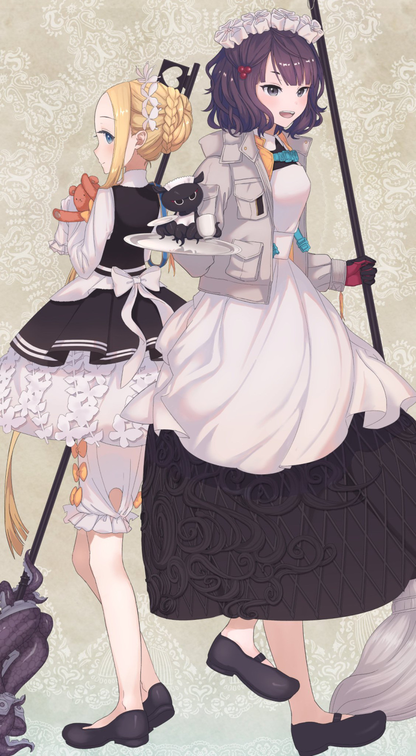 2girls abigail_williams_(fate) abigail_williams_(festival_outfit)_(fate) black_dress black_footwear blonde_hair blue_eyes blush breasts dress fate/grand_order fate_(series) forehead gloves highres jacket katsushika_hokusai_(fate) katsushika_hokusai_(festival_outfit)_(fate) long_hair long_sleeves looking_at_viewer maid_headdress medium_breasts multiple_girls octopus official_alternate_costume open_clothes open_jacket open_mouth parted_bangs purple_eyes purple_hair sidelocks small_breasts smile stuffed_animal stuffed_toy teddy_bear tokitarou_(fate) tray uniuniunininiu