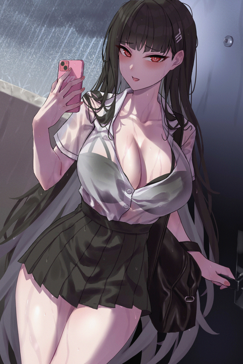 absurdres bad_id bad_pixiv_id black_bra black_hair black_skirt blue_archive blush bra bra_visible_through_clothes breasts cellphone cleavage collarbone collared_shirt female highres holding holding_phone large_breasts long_hair looking_at_viewer open_mouth phone pleated_skirt rain red_eyes rio_(blue_archive) shirt shirt_tucked_in short_sleeves skirt smartphone solo thighs underwear wet wet_clothes wet_shirt white_shirt yukiaka