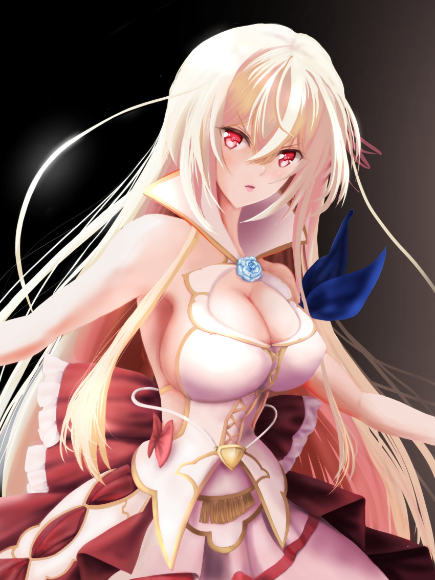 absurdres aliceliese_lou_nebulis_ix arm_ribbon aw_(artist) bare_shoulders blonde_hair blue_flower breasts cleavage dress dress_flower female floating_hair flower hair_between_eyes high_collar highres kimi_to_boku_no_saigo_no_senjou_arui_wa_sekai_ga_hajimaru_seisen large_breasts long_hair multicolored_clothes multicolored_dress parted_lips red_eyes ribbon sideless_outfit solo very_long_hair white_dress