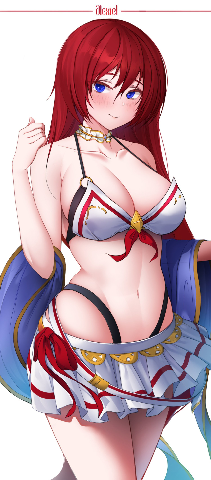 absurdres alexiel_(summer)_(granblue_fantasy) arm_at_side bad_id bad_twitter_id bare_shoulders bikini blue_eyes blush breasts character_name cleavage collarbone colored_eyelashes commentary_request cowboy_shot female godsworn_alexiel granblue_fantasy groin hair_between_eyes highres large_breasts layered_bikini light_smile long_hair midriff miniskirt navel pleated_skirt red_hair skirt solo standing starblue swimsuit thighs very_long_hair white_background white_bikini white_skirt