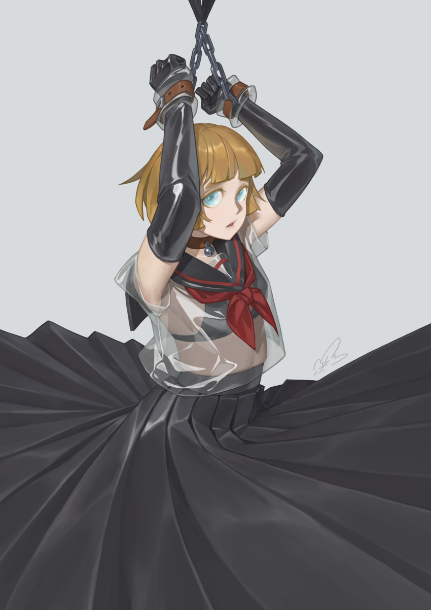 absurdres arms_up bad_id bad_pixiv_id bell black_bra black_gloves black_skirt blonde_hair blue_eyes blunt_bangs bound bound_wrists bra brown_choker chains chen_zhang choker commentary elbow_gloves female gloves grey_background highres long_skirt looking_at_viewer neck_bell neckerchief original parted_lips red_neckerchief restrained school_uniform see-through serafuku shiny_skin short_hair signature simple_background skindentation skirt solo transparent underwear uniform