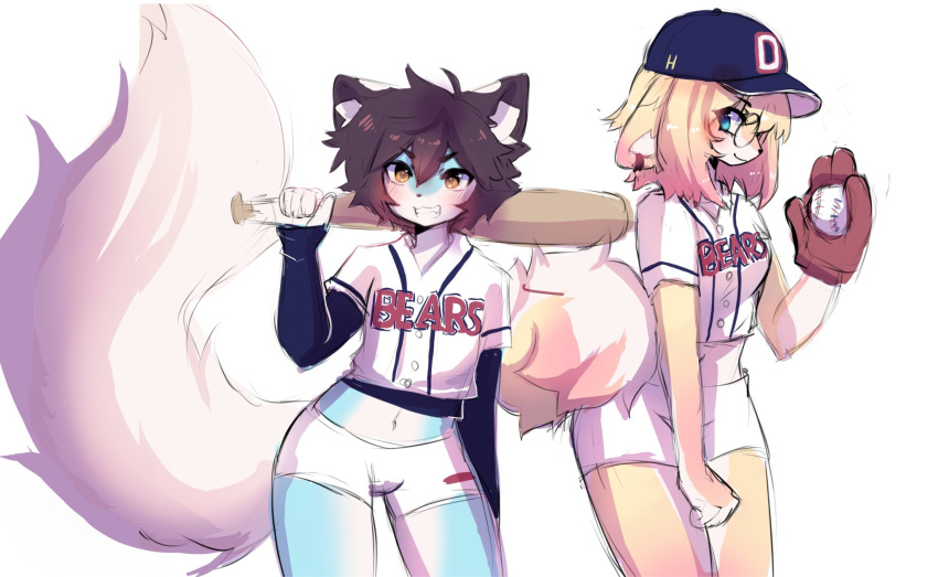 1boy alternate_costume anakoluth animal_ears aska_(anakoluth) ball baseball baseball_cap baseball_mitt baseball_uniform blonde_hair blue_eyes blush brown_eyes brown_hair closed_mouth contrapposto cowboy_shot crop_top cropped_shirt dog_ears dog_girl dog_tail doosan_bears female fox_ears fox_girl fox_tail furry furry_female furry_male glasses hat highres holding holding_ball kbo_league looking_at_viewer midriff navel original otoko_no_ko parted_lips round_eyewear short_hair short_shorts shorts smile sportswear tail teeth white_shorts