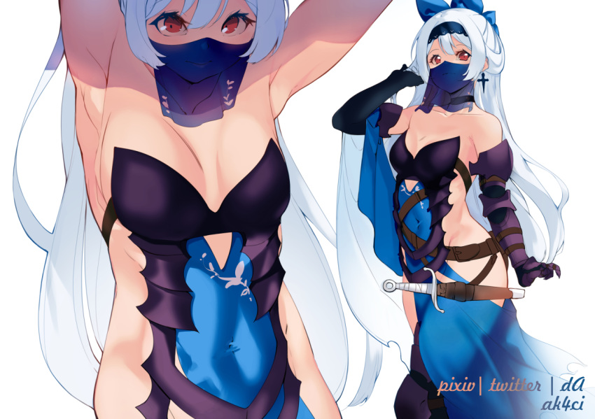 armor armpits arms_up artist_name bare_shoulders belt black_gloves blue_bow blue_tabard bow breastplate breasts choker cleavage clothing_cutout commentary covered_navel cowboy_shot dagger dagger_earrings dancer drop_earrings earrings elbow_gloves english_commentary female floral_print gauntlets girls'_frontline gloves hairband hairbow hand_in_own_hair jewelry kani_fish knife lace-trimmed_hairband lace_trim long_hair looking_at_viewer mouth_veil multiple_views navel navel_cutout no_panties red_eyes sabaton sheath sideboob sidelocks simple_background small_breasts smile tabard tokarev_(girls'_frontline) tokarev_(griffin's_dancer)_(girls'_frontline) vambraces veil very_long_hair weapon white_background white_hair