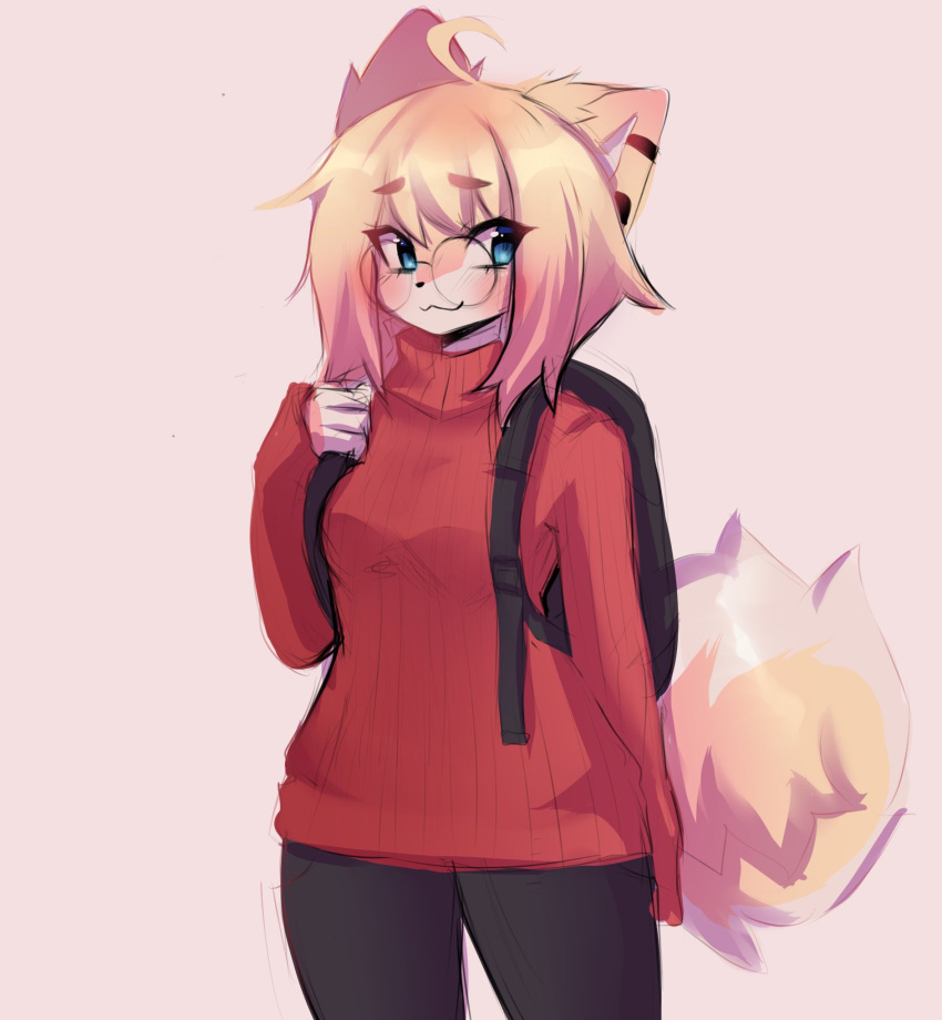 :3 ahoge anakoluth animal_ears aska_(anakoluth) backpack bag black_pants blonde_hair blue_eyes blush closed_mouth dog_ears dog_girl dog_tail female furry furry_female glasses highres long_sleeves looking_at_viewer original pants red_sweater ribbed_sweater round_eyewear short_hair smile solo sweater tail