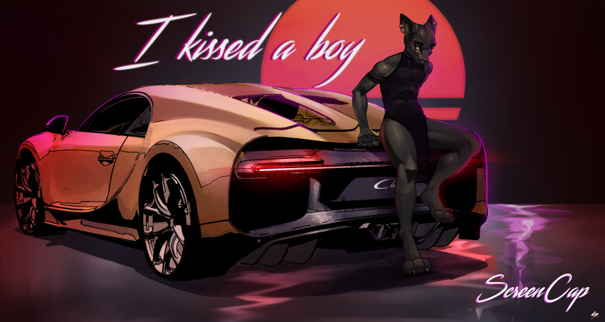 anthro bugatti car clothed clothing crossdressing digital_media_(artwork) domestic_cat dress ear_piercing english_text felid feline felis femboy hi_res leaning leaning_forward leaning_on_edge leaning_on_object looking_at_viewer male mammal piercing screencap_(artist) shaded simple_background slim smile solo standing synthwave text translucent translucent_clothing vehicle