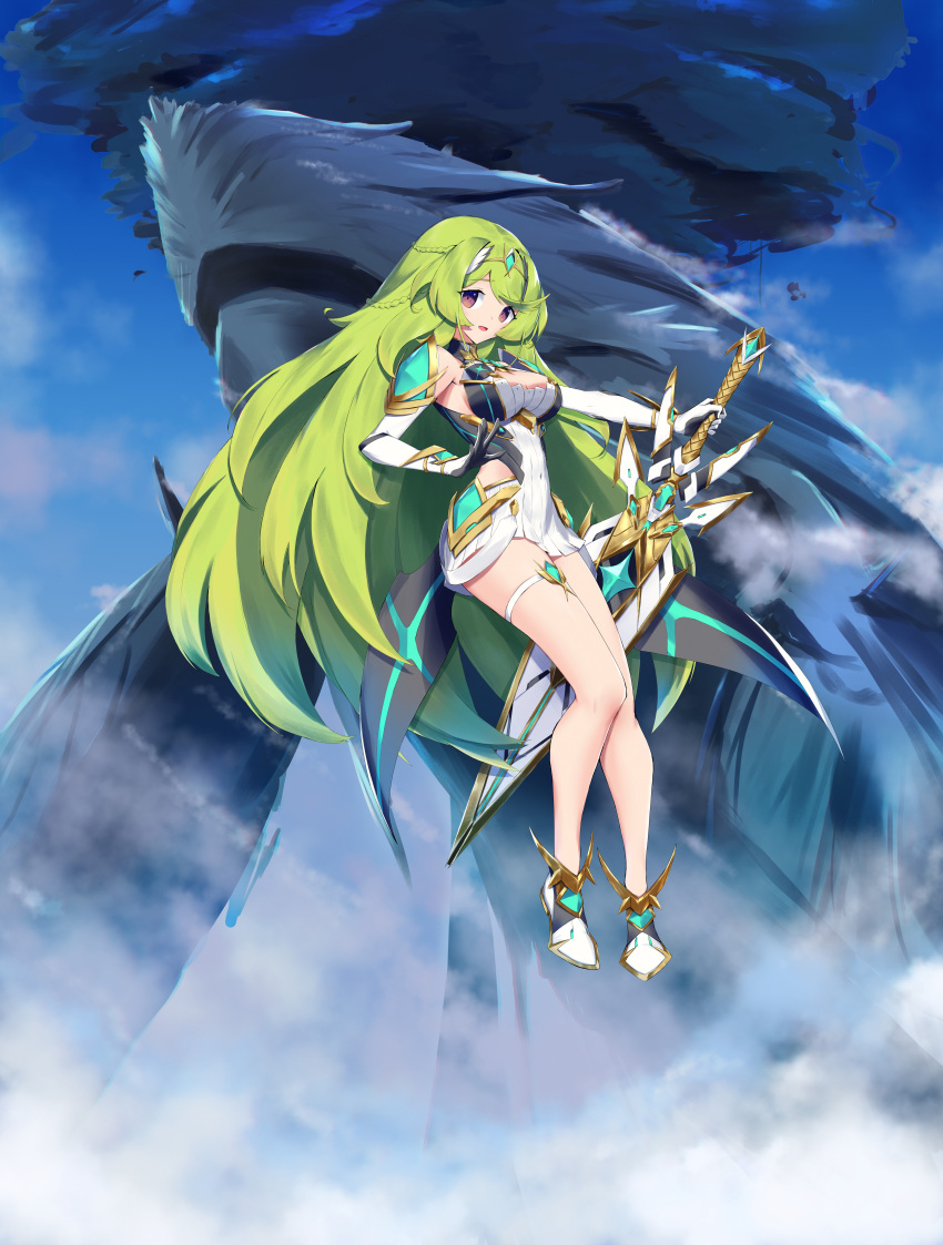 :d absurdres blue_sky breasts circlet cleavage cleavage_cutout clothing_cutout cloud cloudy_sky cosplay dress elbow_gloves elira_pendora female full_body gloves green_hair highres holding holding_sword holding_weapon long_hair looking_at_viewer mythra_(xenoblade) mythra_(xenoblade)_(cosplay) nijisanji nijisanji_en open_mouth orange_eyes outdoors sky smile solo sword thigh_strap tsukinaga very_long_hair virtual_youtuber weapon white_dress white_footwear white_gloves xenoblade_chronicles_(series) xenoblade_chronicles_2