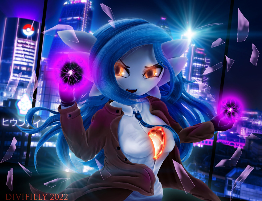 2022 3_fingers alyx_(cobra0281) angry badass_woman blue_hair broken_window building city cityscape clothing coat cyberpunk detailed detailed_background detective divifilly dress_shirt energy_ball female fingers gardevoir generation_3_pokemon gloves glowing glowing_eyes hair handwear hi_res humanoid japanese_text long_hair necktie neon_lights nintendo not_furry open_mouth orange_eyes pokemon pokemon_(species) pokemon_move shadow_ball shiny_pokemon shirt signature skyscraper solo text topwear trenchcoat