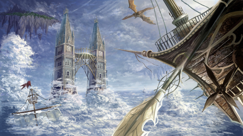 absurdres aircraft airship building cloud commentary_request crow's_nest day dragon fantasy flag floating_island highres mast no_humans oar original outdoors regu_(7lava) sail scenery ship tower watercraft