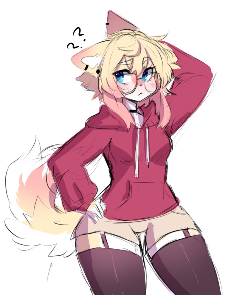 ? ?? anakoluth animal_ears arm_behind_head arm_up aska_(anakoluth) black_thighhighs blonde_hair blue_eyes brown_shorts choker dog_ears dog_girl dog_tail female furry furry_female garter_straps glasses hand_on_own_hip highres hood hoodie long_sleeves looking_at_viewer original red_hoodie round_eyewear short_hair shorts solo tail thighhighs