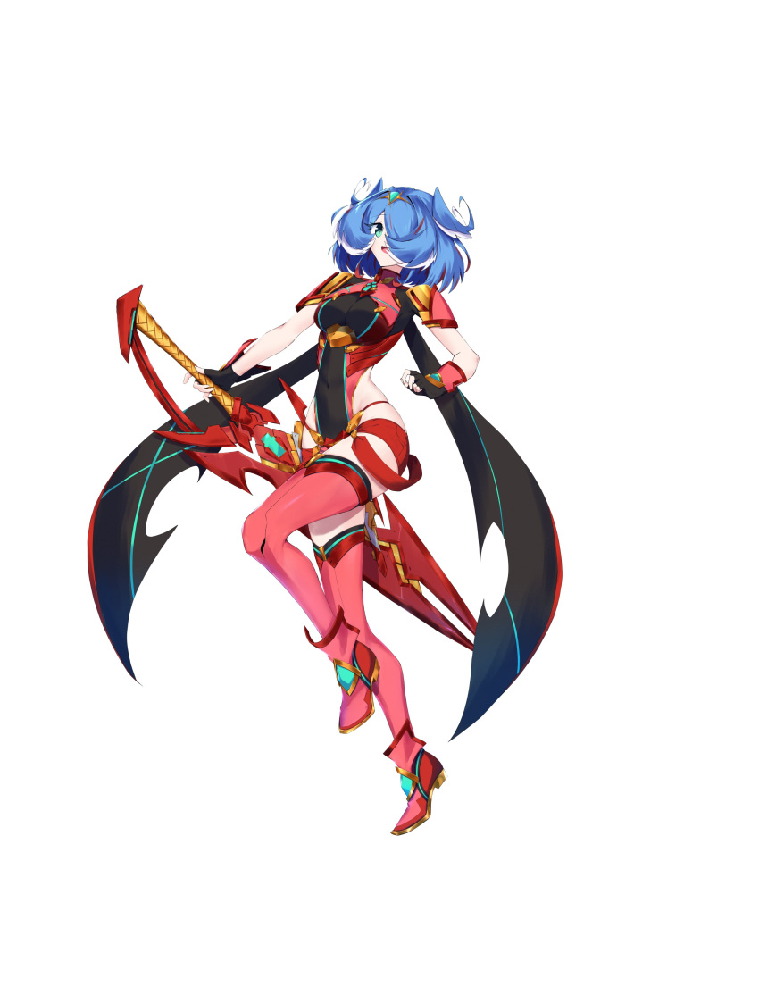 :d absurdres black_gloves blue_hair bodysuit boots circlet cosplay elira_pendora female fingerless_gloves full_body gloves green_eyes hair_over_one_eye highres holding holding_sword holding_weapon looking_at_viewer medium_hair nijisanji nijisanji_en open_mouth pyra_(xenoblade) pyra_(xenoblade)_(cosplay) red_footwear red_shorts shorts simple_background smile sword thigh_boots tsukinaga virtual_youtuber weapon white_background xenoblade_chronicles_(series) xenoblade_chronicles_2