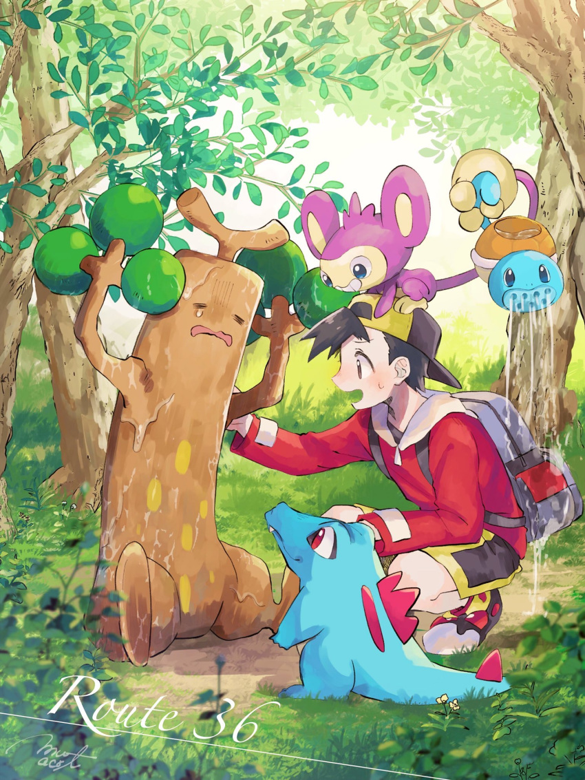 1boy aipom backwards_hat bad_id bad_pixiv_id day ethan_(pokemon) grass hanenbo hat highres johto_route_36 male_focus on_head outdoors pokemon pokemon_(creature) pokemon_gsc pokemon_on_head squirt_bottle_(pokemon) squirtle totodile tree