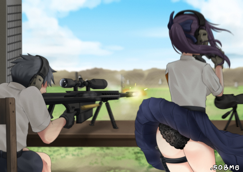 1boy 50bmg absurdres anti-materiel_rifle artist_name ass barrett_m82 bipod black_bow black_gloves black_headband black_panties black_shorts blue_skirt bow brown_gloves casing_ejection ear_protection female firing gloves gun hairbow headband highres holster lace lace_panties muzzle_device muzzle_flash original outdoors panties ponytail purple_hair rifle scope shell_casing shirt shooting_range shorts skirt sniper_rifle spotting_scope thigh_holster thighs tripod underwear weapon white_shirt wind wind_lift wooden_chair