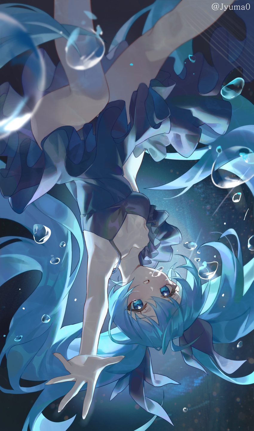 absurdres air_bubble aqua_eyes aqua_hair blue_dress breasts bubble commentary dress female hatsune_miku highres jyuma long_hair looking_at_viewer medium_breasts reaching reaching_towards_viewer shinkai_shoujo_(vocaloid) solo twintails underwater upside-down very_long_hair vocaloid