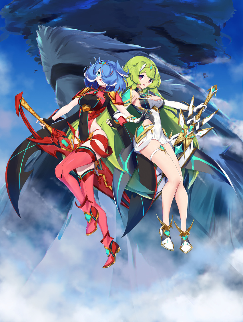 2girls :d absurdres black_gloves blue_hair blue_sky bodysuit boots breasts circlet cleavage cleavage_cutout clothing_cutout cloud cloudy_sky cosplay dress elbow_gloves elira_pendora fingerless_gloves full_body gloves green_eyes green_hair hair_over_one_eye highres holding holding_sword holding_weapon long_hair looking_at_viewer medium_hair multiple_girls mythra_(xenoblade) mythra_(xenoblade)_(cosplay) nijisanji nijisanji_en open_mouth orange_eyes outdoors pyra_(xenoblade) pyra_(xenoblade)_(cosplay) red_footwear red_shorts shorts sky smile sword thigh_boots thigh_strap tsukinaga very_long_hair virtual_youtuber weapon white_dress white_footwear white_gloves xenoblade_chronicles_(series) xenoblade_chronicles_2