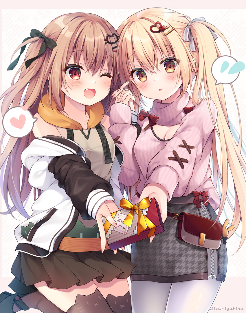 2girls ;d animal_ear_legwear bag black_bow black_footwear blonde_hair blush bow box breasts brown_hair brown_hoodie brown_skirt brown_thighhighs cat_ear_legwear cat_hair_ornament cleavage cleavage_cutout clothing_cutout commentary_request flying_sweatdrops gift gift_box grey_bow grey_skirt hair_between_eyes hair_ornament hairclip heart heart_hair_ornament highres holding holding_gift holding_hands hood hood_down hoodie houndstooth incoming_gift interlocked_fingers izumiyuhina jacket long_sleeves md5_mismatch medium_breasts multiple_girls nail_polish oerba_yun_fang off_shoulder one_eye_closed open_clothes open_jacket original pantyhose pink_nails pink_sweater pleated_skirt print_skirt puffy_long_sleeves puffy_sleeves red_eyes shoes shoulder_bag skirt sleeves_past_wrists smile spoken_flying_sweatdrops spoken_heart sweater thighhighs turtleneck turtleneck_sweater twintails two_side_up valentine white_jacket white_pantyhose