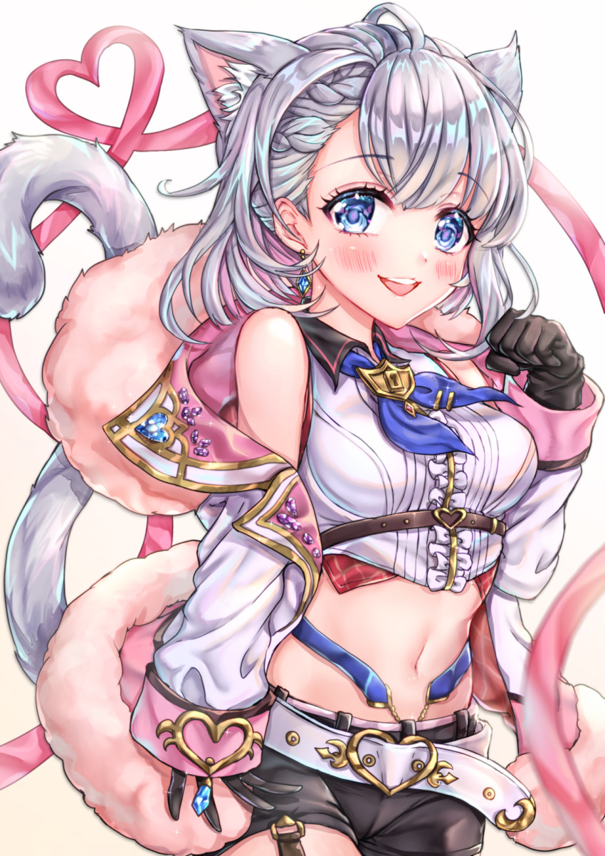 :d animal_ear_fluff animal_ears asymmetrical_bangs bad_id bad_pixiv_id belt belt_buckle black_gloves black_shorts blue_eyes blue_neckerchief blurry blurry_foreground blush braid breasts buckle cat_ears cat_tail center_frills clenched_hand collared_shirt commentary_request cowboy_shot crop_top diamond_earrings earrings female frills fur-trimmed_jacket fur_trim garter_straps gem glint gloves grey_hair hand_up heart highres jacket jewelry keyhole looking_at_viewer medium_breasts medium_hair midriff navel neckerchief nyamaso off_shoulder open_mouth paw_pose pink_ribbon ribbon shironeko_project shirt short_shorts shorts sidelocks simple_background sleeveless sleeveless_shirt smile solo tail tail_raised teeth tina_topia underbust upper_teeth_only white_background white_belt white_shirt