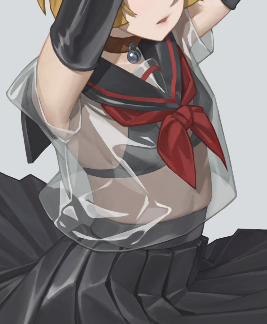 arms_up bad_id bad_pixiv_id bell black_bra black_skirt blonde_hair bra brown_choker chen_zhang choker cropped female grey_background highres long_skirt neck_bell neckerchief original parted_lips red_neckerchief school_uniform see-through serafuku short_hair simple_background skindentation skirt solo underwear uniform