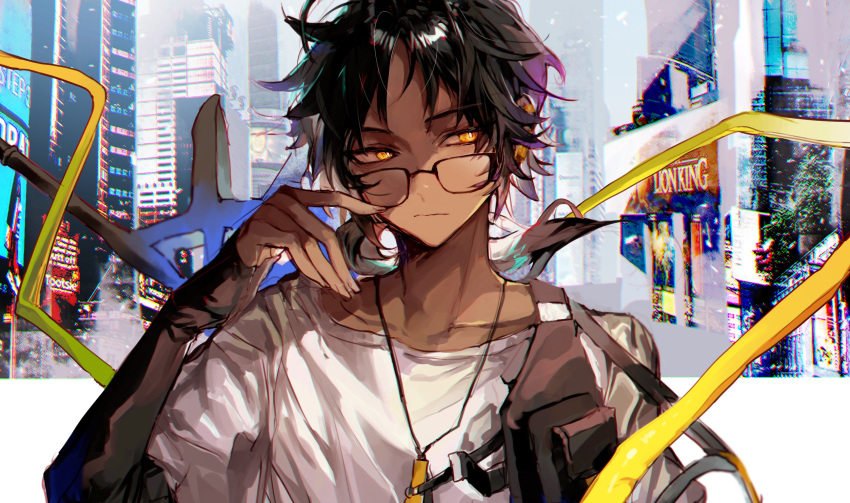 1boy arknights arm_warmers belt_pouch black_hair bright_pupils city closed_mouth collarbone commentary_request dark-skinned_male dark_skin earclip glasses highres jewelry kkuekkue_(chifer1958) korean_commentary long_hair looking_to_the_side male_focus pendant photo_background ponytail pouch ribbon shirt sideways_glance solo straight-on thorns_(arknights) tsurime upper_body white_pupils white_shirt yellow_eyes yellow_ribbon