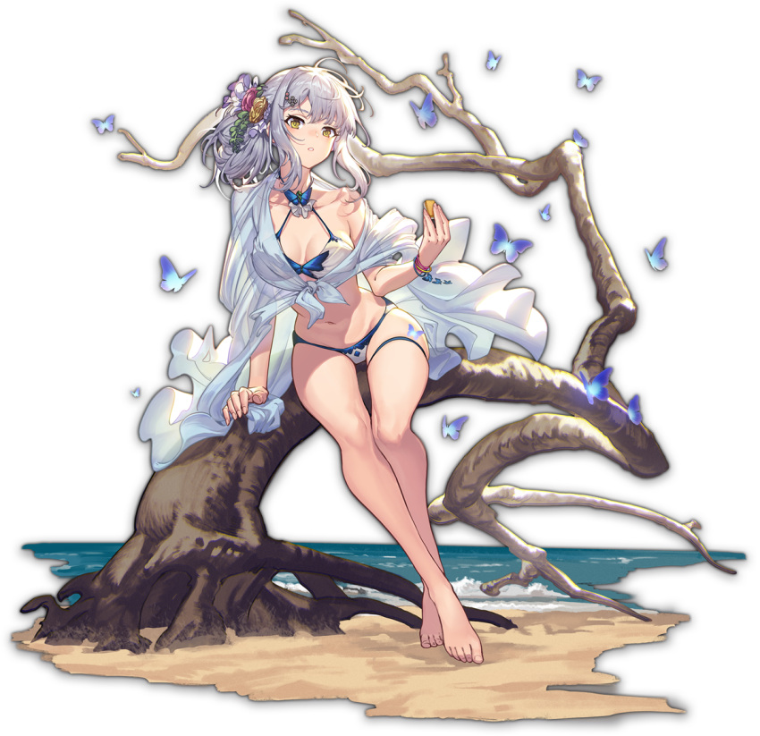 barefoot beach bikini bracelet breasts bug butterfly feet female flower green_eyes grey_hair hair_flower hair_ornament jewelry looking_at_viewer mahjong_soul ocean official_art parted_lips side_ponytail solo swimsuit tachi-e teeth toes transparent_background tree yagi_yui