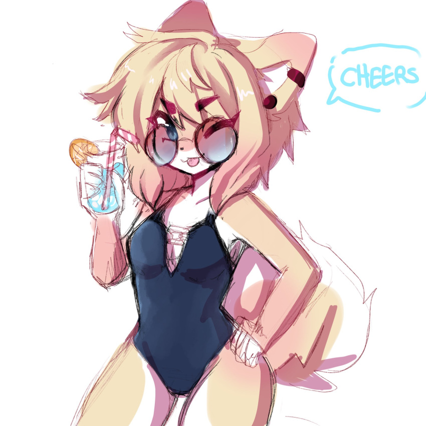 alternate_costume anakoluth animal_ears aska_(anakoluth) black_one-piece_swimsuit breasts cleavage closed_mouth collarbone commentary cup dog_ears dog_girl dog_tail drinking_glass drinking_straw english_text female furry furry_female highres holding holding_cup looking_at_viewer one-piece_swimsuit one_eye_closed original round_eyewear small_breasts solo speech_bubble sunglasses swimsuit symbol-only_commentary tail tinted_eyewear tongue tongue_out