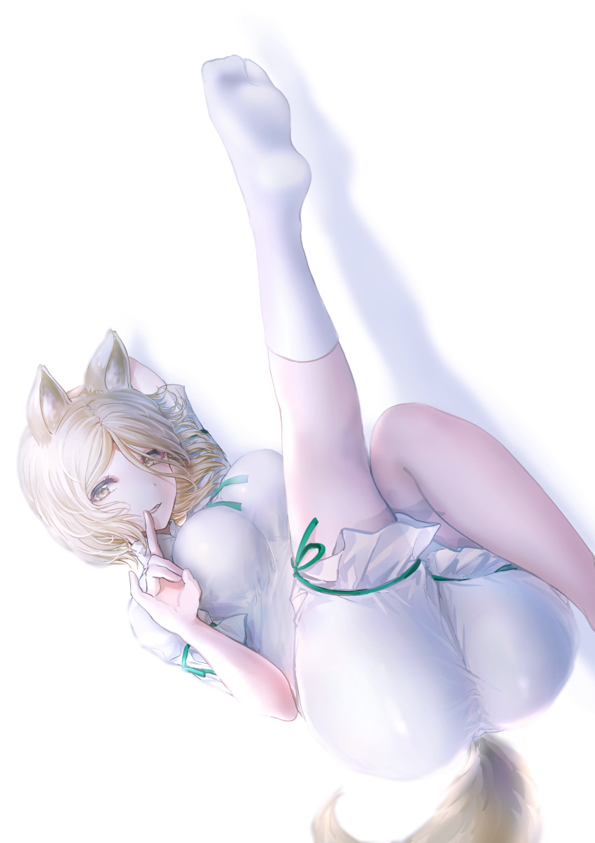 :3 absurdres animal_ears ass blonde_hair bow breasts brown_eyes dress female fox_ears fox_girl fox_shadow_puppet fox_tail green_bow green_ribbons hair_between_eyes highres jumpsuit kudamaki_tsukasa leg_up lying medium_breasts open_mouth outstretched_leg ribbon romper shadow short_hair short_sleeves simple_background smile socks solo tabiji_(tabiji_s) tail touhou white_dress white_romper white_socks