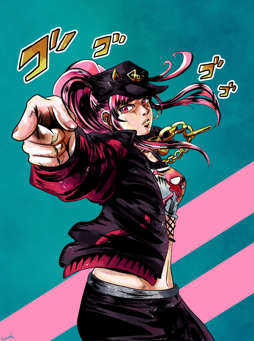 absurdres araki_hirohiko_(style) chains commentary_request crop_top earrings female fishnets hat highres hololive hololive_english jacket jewelry jojo_no_kimyou_na_bouken jojo_pose kujo_jotaro kujo_jotaro's_pose_(jojo) long_hair looking_at_viewer miku_(mikururun) mori_calliope mori_calliope_(streetwear) navel necklace official_alternate_costume pants parody pink_hair pointing ponytail pose red_eyes style_parody sweatpants track_jacket virtual_youtuber