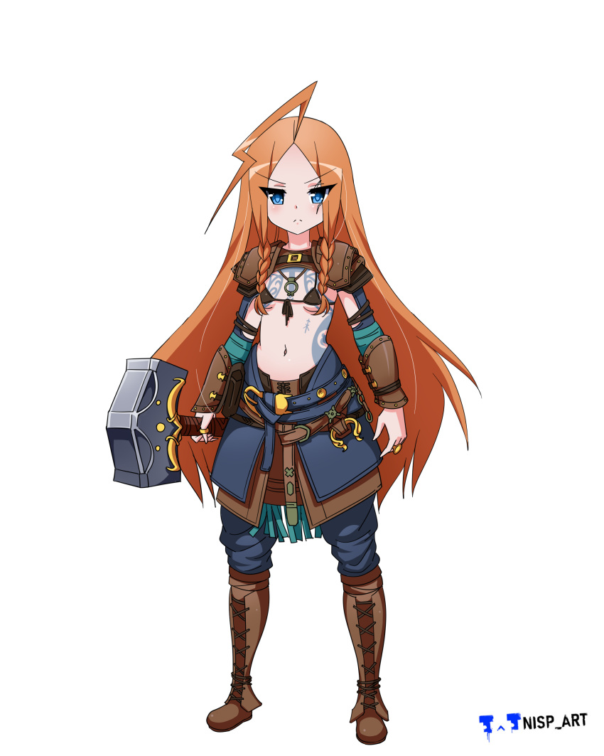 absurdres age_regression aged_down ahoge amulet arm_guards armor artist_name belt bikini bikini_top_only blue_eyes blue_pants boots bracer braid breasts brown_footwear closed_mouth clothing_cutout commentary commission commissioner_upload female front-tie_top frown full_body genderswap_(mtf) god_of_war god_of_war_ragnarok hammer highres holding holding_hammer holding_weapon huge_ahoge jewelry long_hair looking_at_viewer midriff navel nisp_art norse pants pauldrons pendant red_hair ring rule_63 russian_commentary scar scar_on_face shoulder_armor shoulder_pads simple_background small_breasts solo standing stomach stomach_cutout swimsuit tattoo thor_(god_of_war) twin_braids weapon white_background