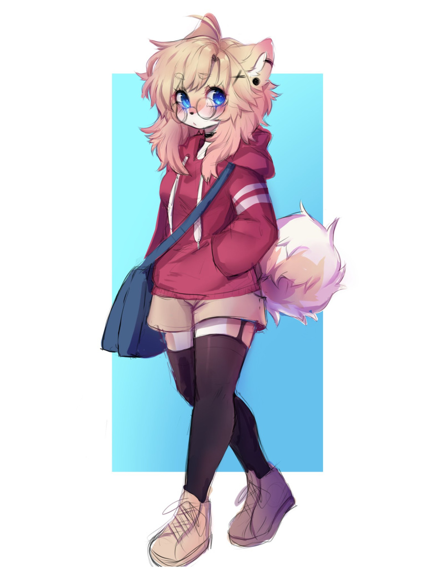 anakoluth animal_ears aska_(anakoluth) bag black_thighhighs blonde_hair blue_eyes brown_footwear dog_ears dog_girl dog_tail female full_body furry furry_female garter_straps glasses hair_ornament handbag hands_in_pockets highres hood hoodie long_sleeves looking_at_viewer medium_hair original red_hoodie round_eyewear shoes sneakers solo tail thighhighs x_hair_ornament