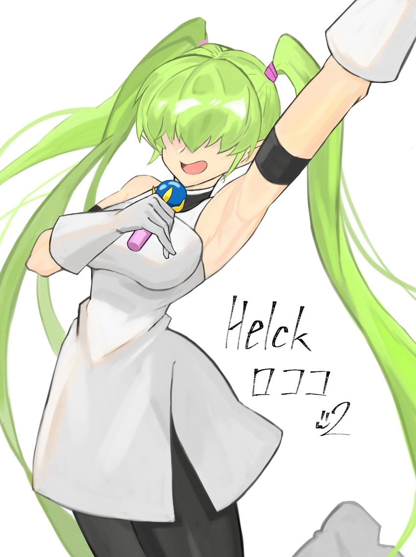 armpits bad_arm bare_shoulders black_pantyhose breasts character_name commentary_request copyright_name dress elbow_gloves female gloves green_hair hair_over_eyes hair_tie helck highres holding holding_microphone long_hair medium_breasts microphone open_mouth pantyhose pointy_ears rococo_(helck) san_ni_ichi_ichi signature simple_background sleeveless sleeveless_dress solo twintails very_long_hair white_background white_dress white_footwear white_gloves