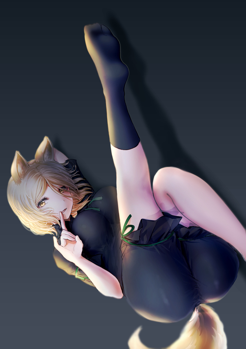 :3 absurdres alternate_color animal_ears black_dress black_romper black_socks blonde_hair breasts brown_eyes dress female fox_ears fox_girl fox_shadow_puppet fox_tail green_ribbons hair_between_eyes highres kudamaki_tsukasa leg_up outstretched_leg ribbon romper shadow short_hair short_sleeves simple_background socks solo tabiji_(tabiji_s) tail touhou