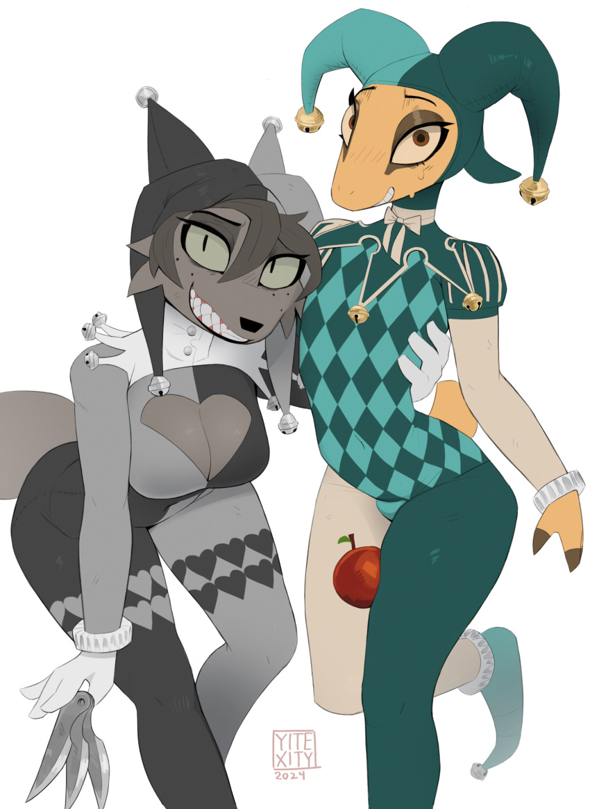 antelope anthro apple bell biped black_nose bodysuit bovid bow_ribbon breasts brown_eyes canid canine checkered checkered_clothing cheek_tuft cleavage_cutout clothed clothing cutout duo facial_tuft female femboy food fool's_hat fox freckles fruit fur glass_(tinderkell) gloves green_eyes hair handwear hat headgear headwear heart_symbol hi_res jester_outfit legwear logo looking_at_viewer male male/female mammal markings pattern_clothing plant simple_background skinsuit tail teeth throwing_knife tight_clothing tights tuft yellow_body yellow_fur yitexity zeb_(tinderkell)